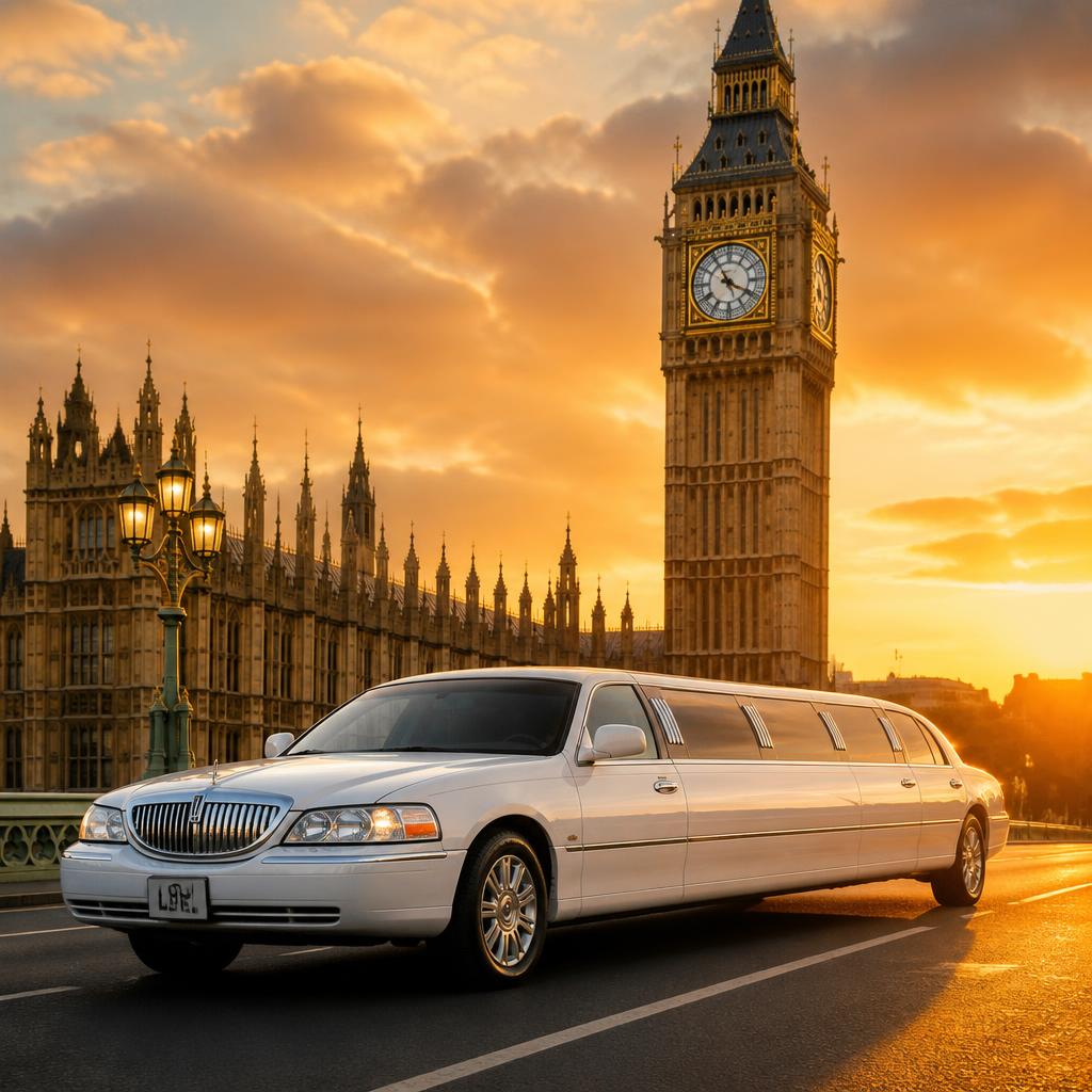 White stretch limousine in front of Big Ben, London