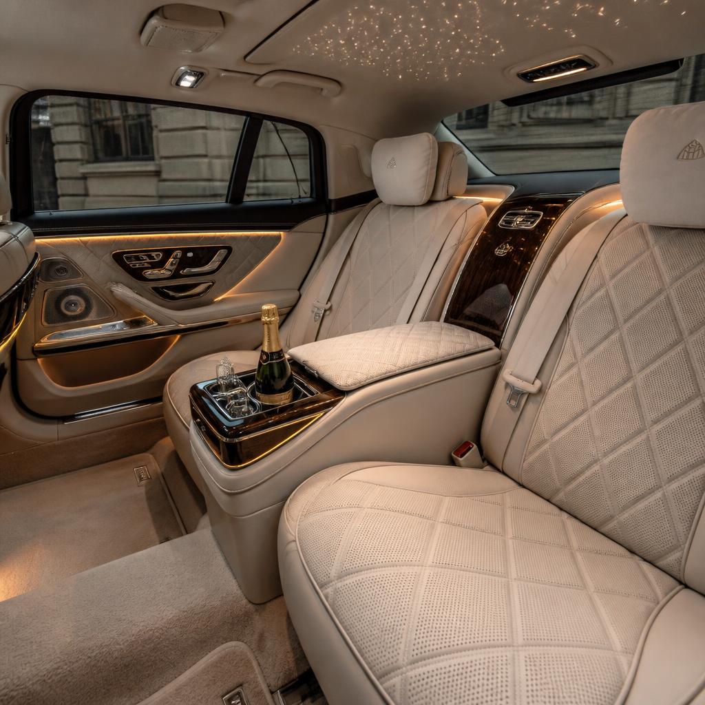 Executive chauffeur car interior with cream leather and champagne service