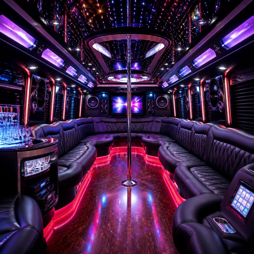 Party bus interior with LED lights, dance pole and sound system