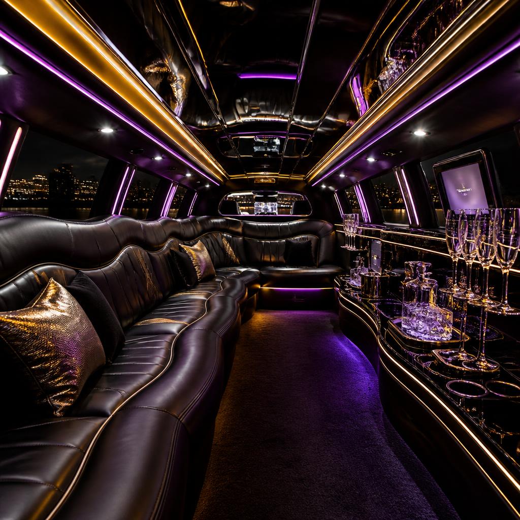 Inside a stretch limo with leather sofas, mood lighting and champagne bar